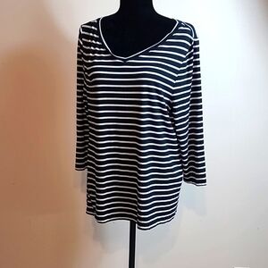Chico's Black White Striped V-Neck 3/4 Sleeve Stretch Pullover Top Easy Care L